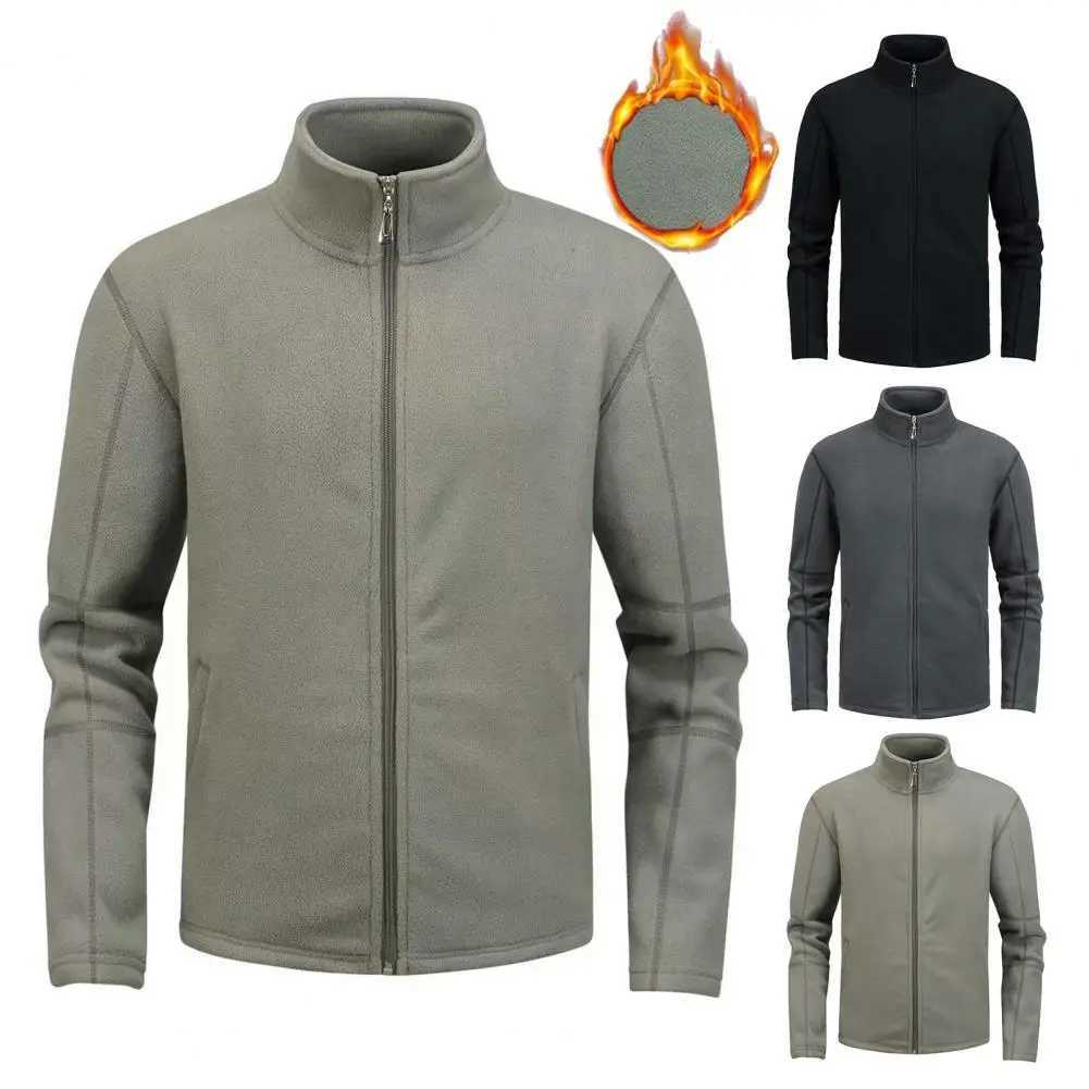 Men Jacket Stand Collar Long Sleeve Polar Fleece Zipper Placket Coat With Pockets Double Sided Wear Thickened OutwearXJ241017