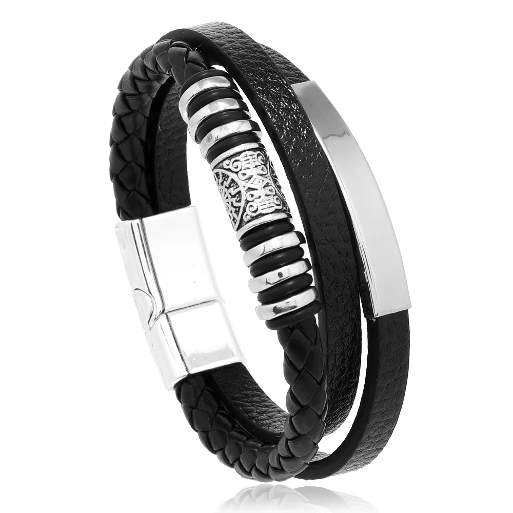 Trendy Leather Bracelets For Men Stainless Steel Bracelet 21Cm Multilayer Braided Rope Bracelets For Male Jewelry G