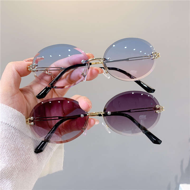 For Trendy Woman Sunglasses Summer Rimless Cut-edge Sunglass Oval Fashion Brand Designer Shades Pink Women's Sun Glasses UV400