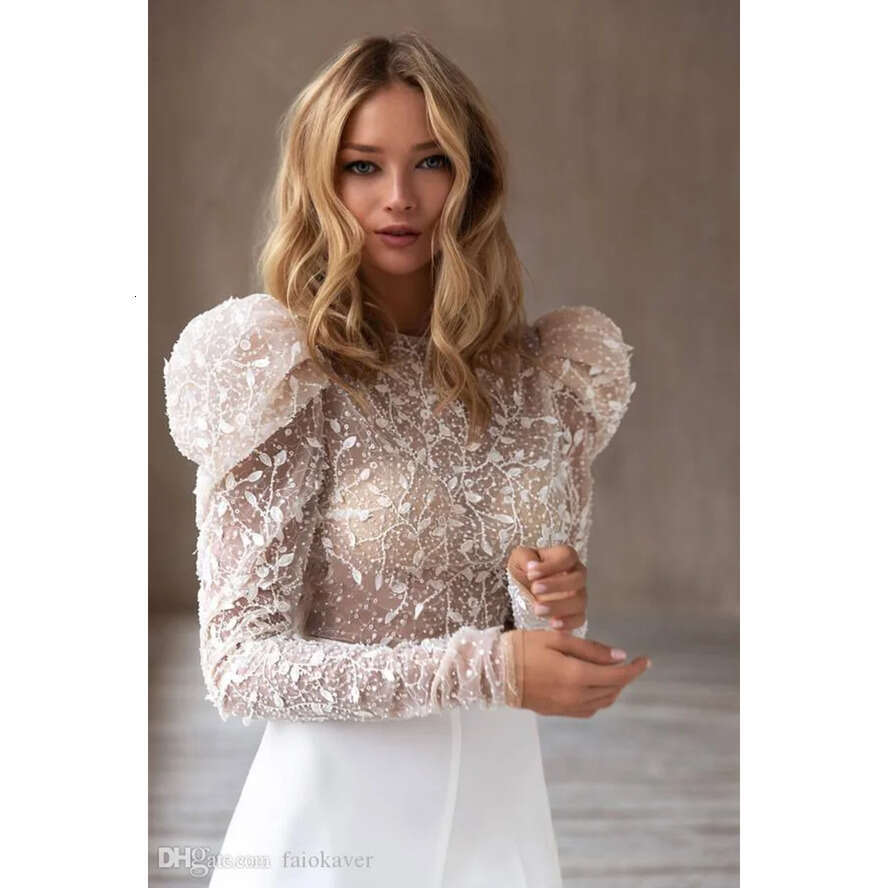 Jumpsuit Dresses New Boho Jewel Neck Lace Appliques Bohemian Wedding Dress Long Sleeve Pants Suit Robes De Mariee