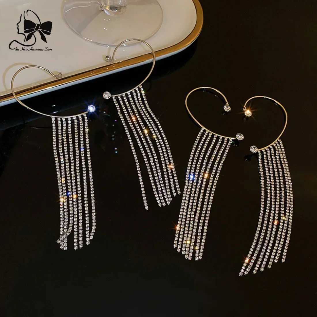 Fashionable shiny rhinestone earrings with long tassel crystal chain earrings cuff clip earrings womens non perforated party jewelry South Korea W2410