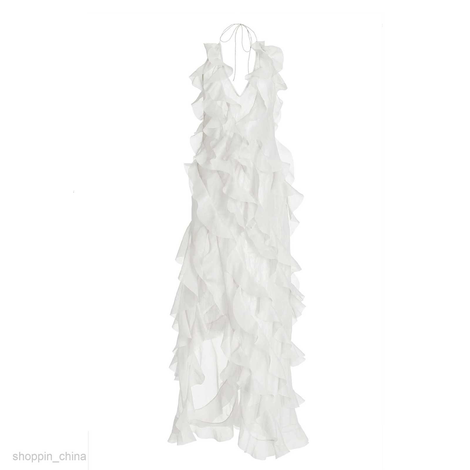 Basic Casual Women Dresses New women's dress with sexy deep V-neckline suspender long skirt and high slit ruffle edge cake skirt