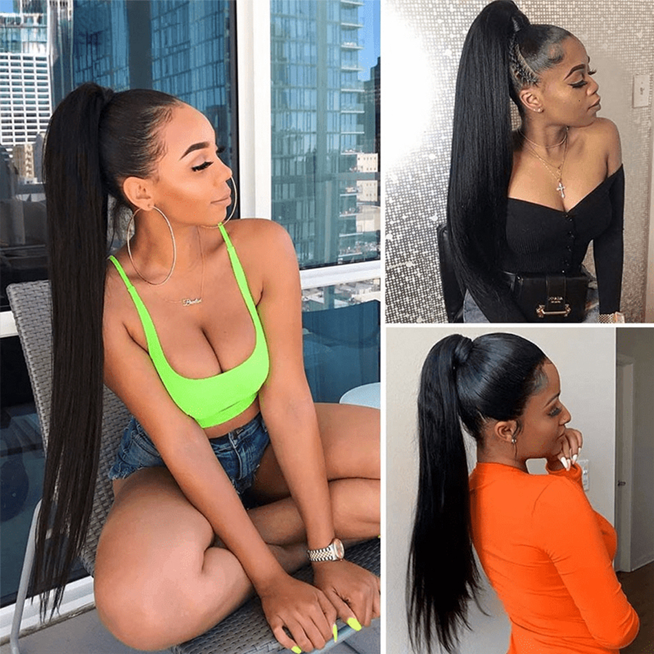 100G Clip In Extensions Ponytail Humans Hair Straight Wrap Around Drawstring Brazilian Hairpiece For Black Women