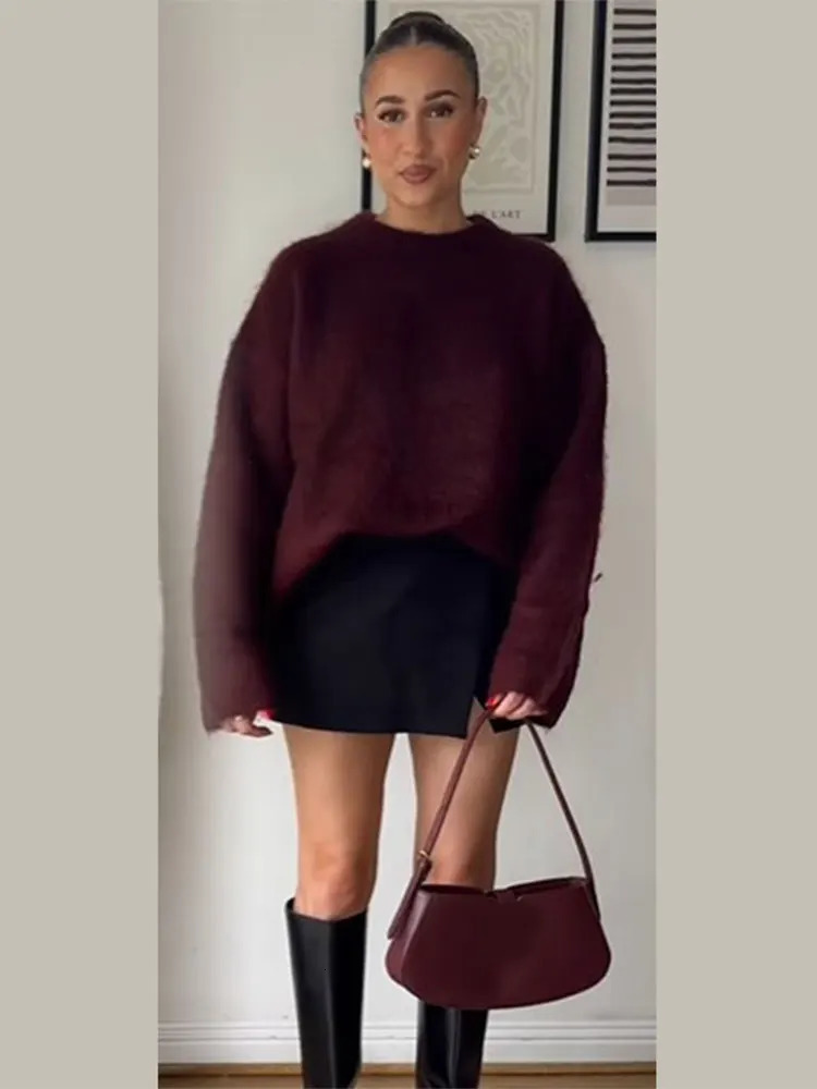 Womens Knitted O-Neck Solid Thick Long Sleeve Polo Sweater 2024 Autumn/Winter Casual Fashion Fluffy Commuting Women 241017