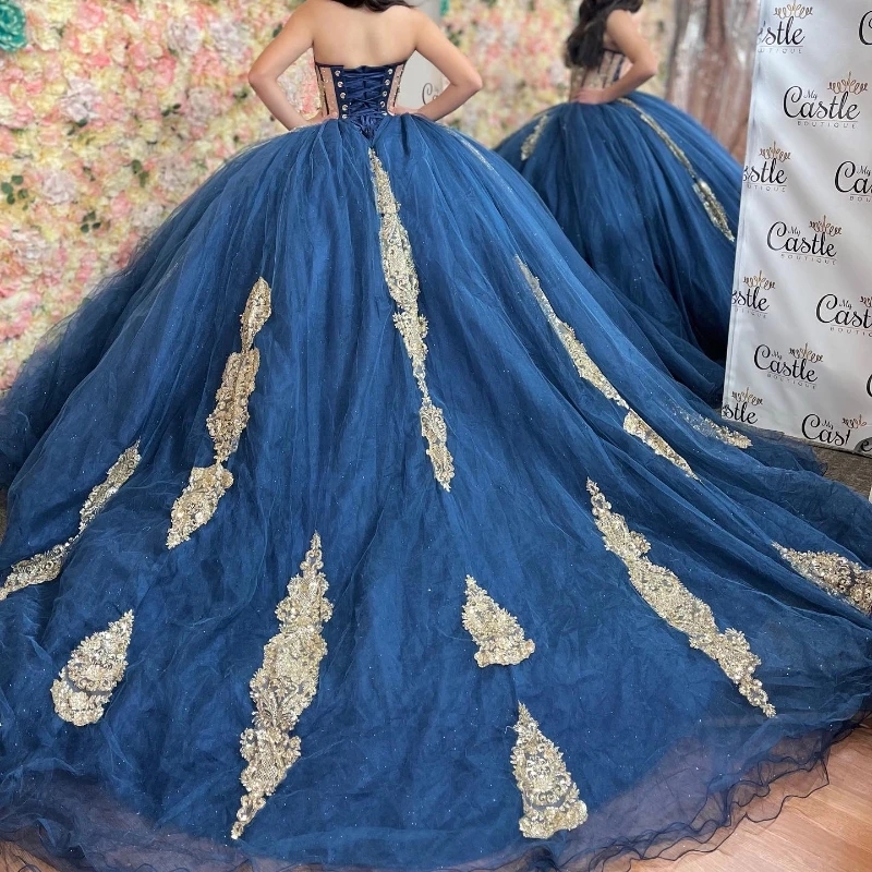 Navy Blue Quinceanera Dress Gold Applique Lace Beaded Off The Shoulder Party Birthday Dress Corset Vestidos De 15 Anos Sweet 16 Dress
