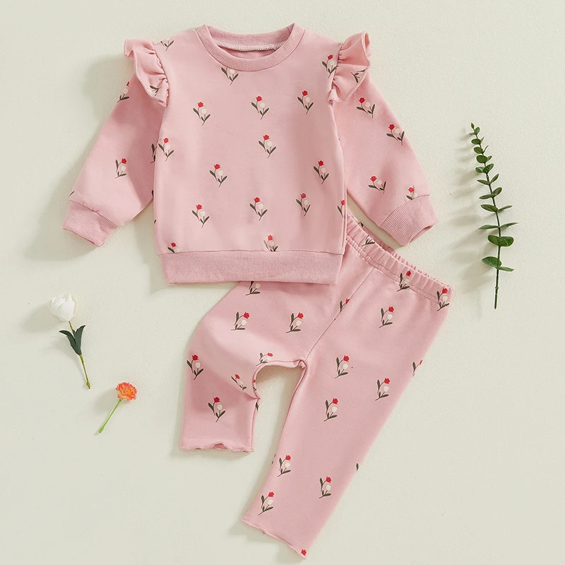 Toddler Girl Ruffle Sleeve Top and Floral Leggings Set Long Crew Neck Sweatshirt with Elastic Waist Pants 2piece Outfit 241017