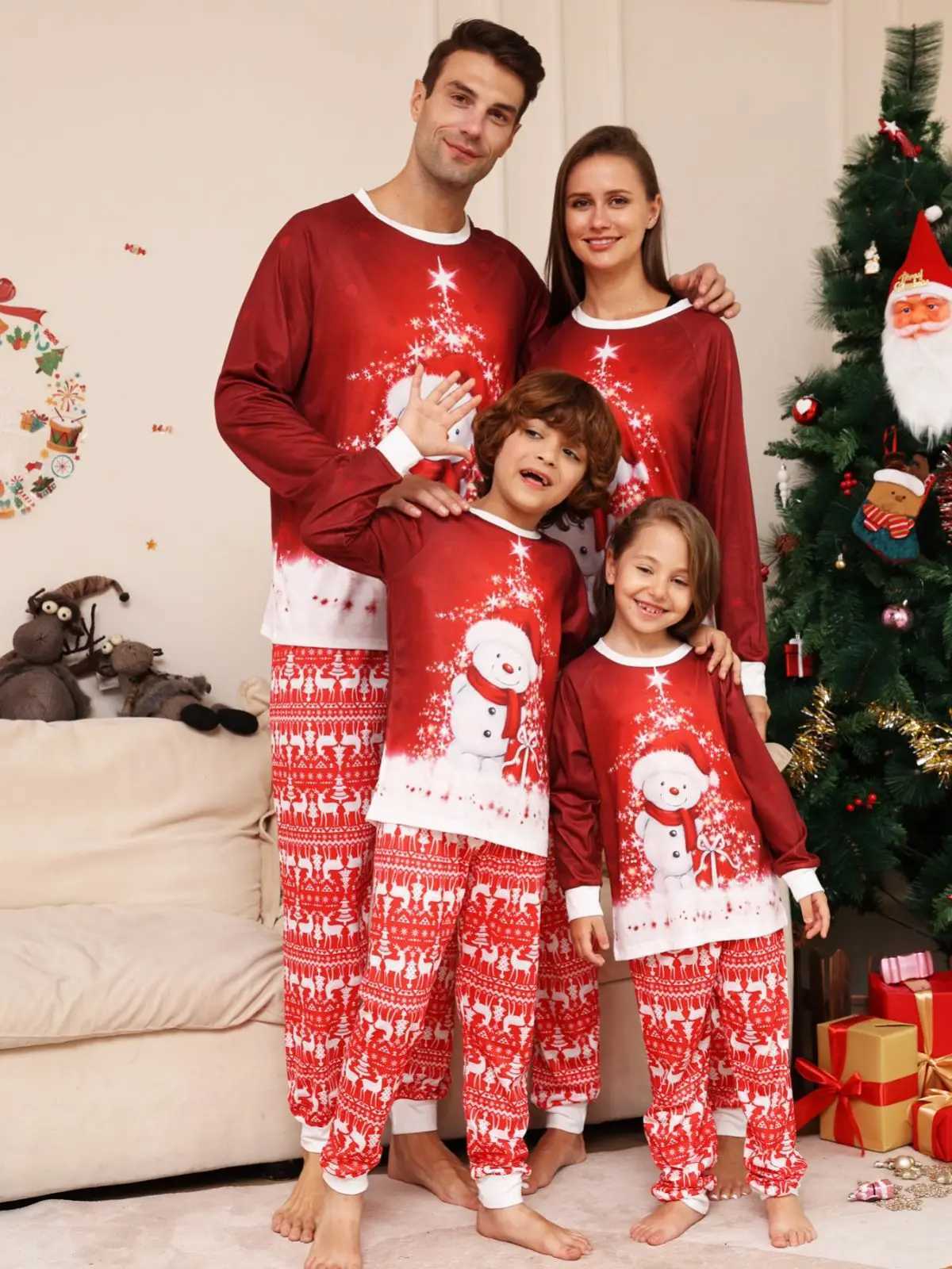 New 2024 Christmas Snowman Pattern Mother Father Child Matching Pajama Set Long Sleeve 2-piece Family Clothing Christmas Family Appearance W241015