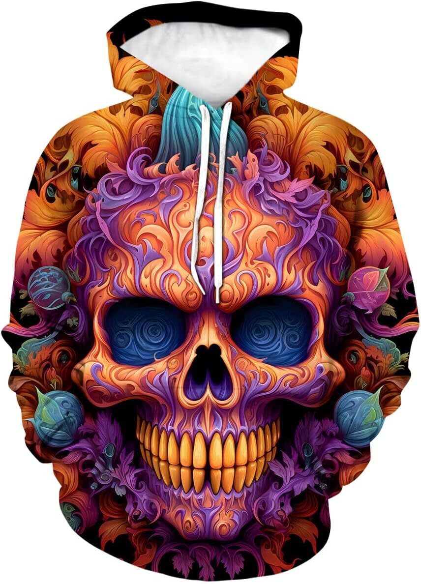 Hoodie for Mens Womens Classic 3D Halloween Pumpkin Skull Cool Graphic Colorful Halloween Skeleton Sweatshirts,Blue Graphic Hoodies sweatshirt