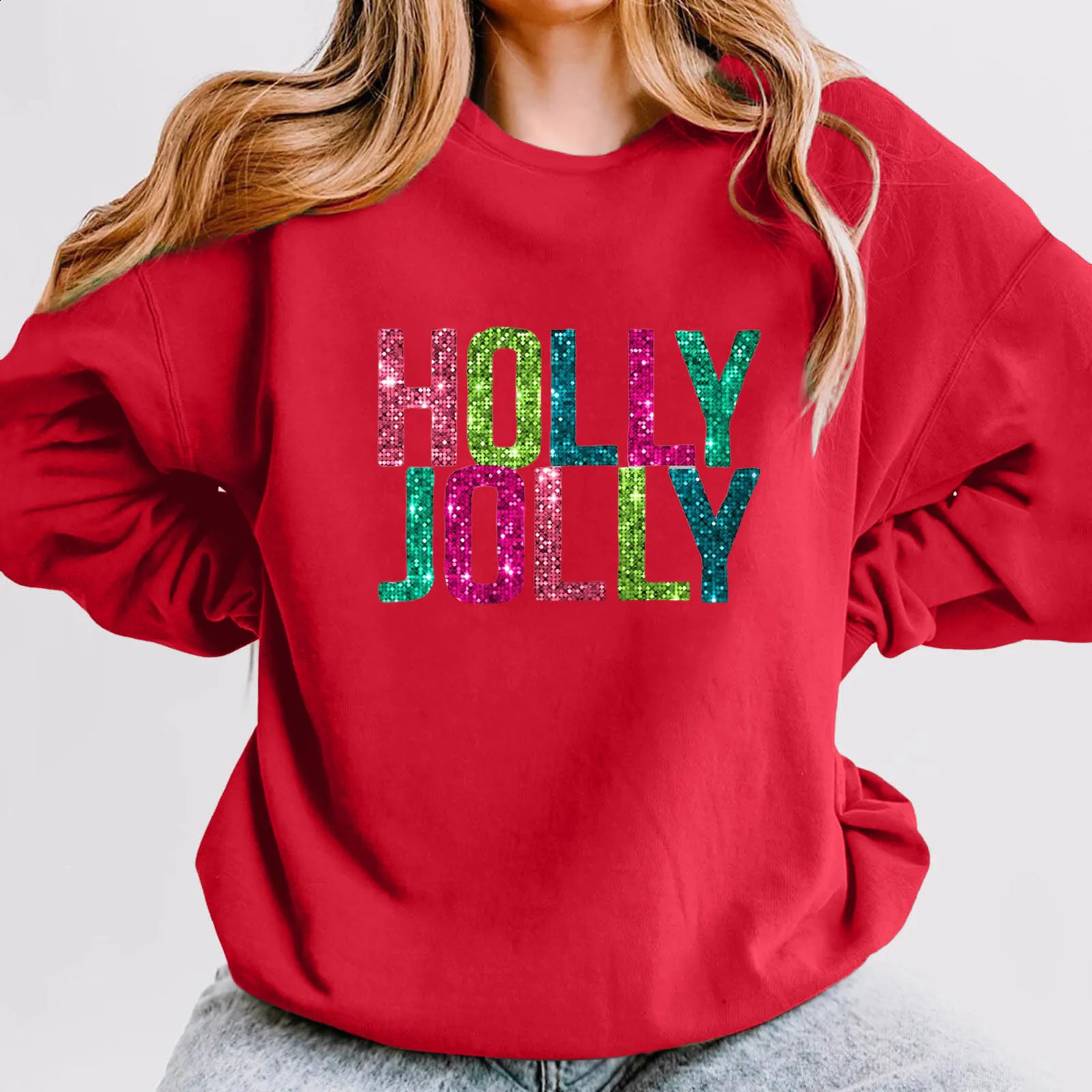 Christmas Casual Long Sleeves Y2k Hoodies Trend Holly Jolly WomenS Sweatshirts Colourful Letters Graphic Oversize Sports Suit 241017