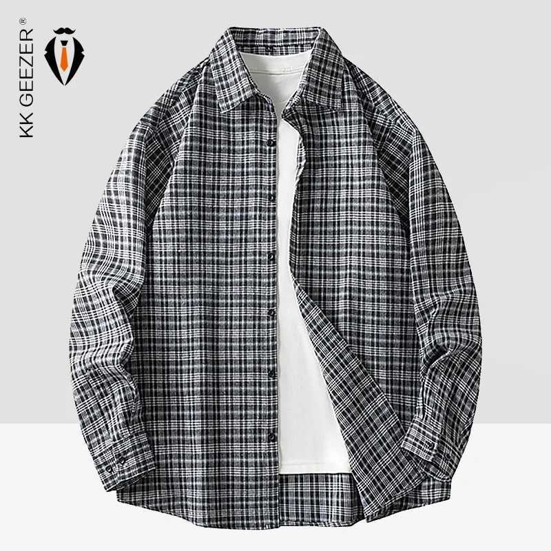 Men Shirt Plaid Flannel Retro Long Sleeve Oversized Loose Cotton Casual Male Youth Design Soft Fall Black Formal Dress Shirt LX241017