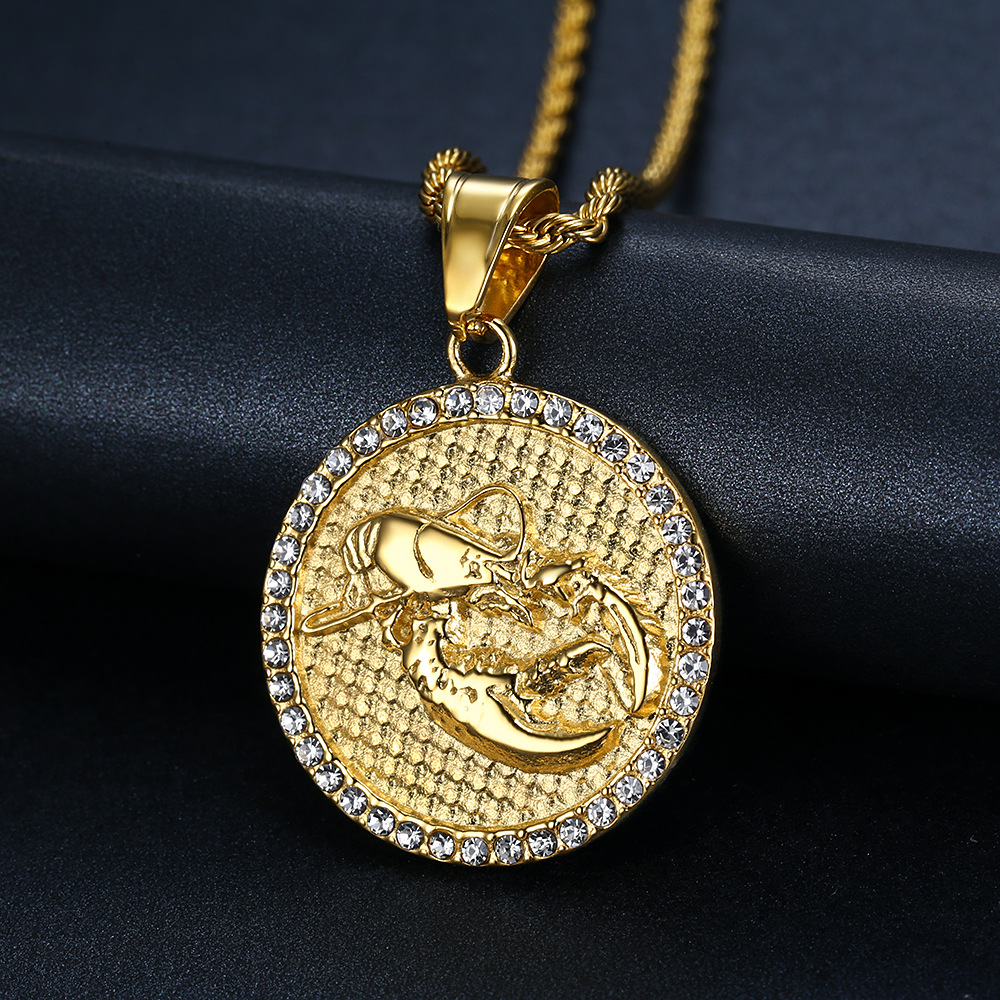 Retro 12 Constellations Round Pendant Necklace Stainless Steel 18K Gold Plated Jewelry Gift