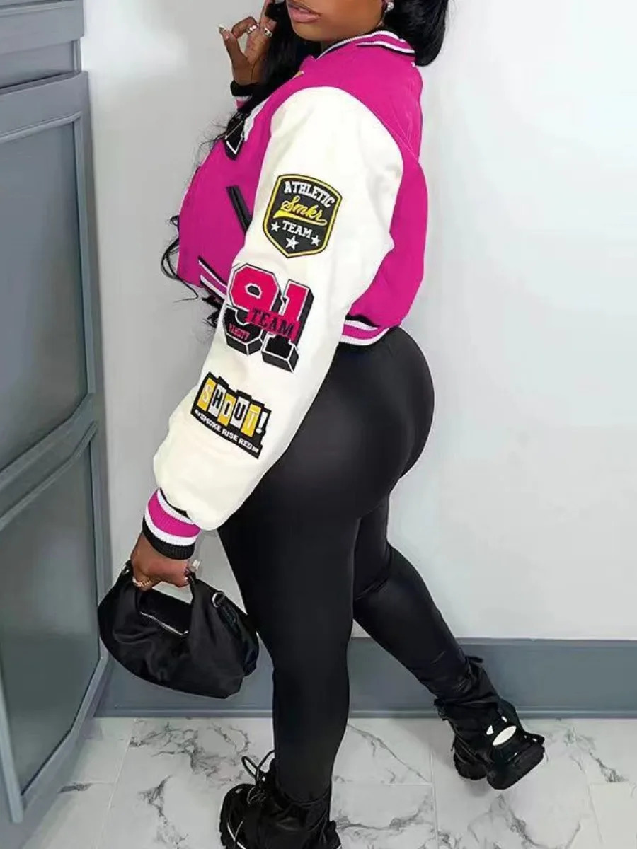LW casual letter printing decal work university jacket decal round neck regular suitable for women Y2k style autumn coat 241017