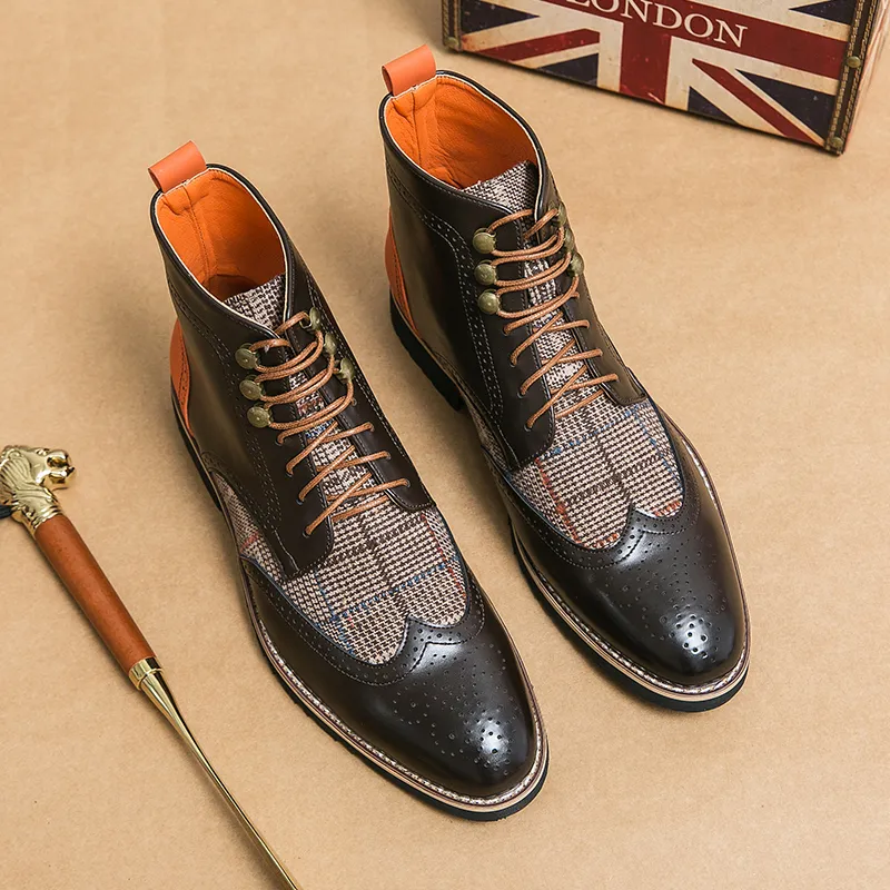 New mens shoes Pointed Mixed Patchwork Lace Up Ankle Boots British Designer Botas Trend Casual sneaker High-top Punk Rock Shoes 241118