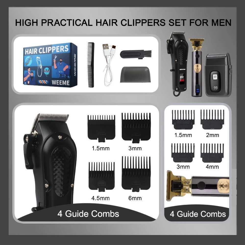 Exclusive Cool Black Mens 3-Piece Set Smart LCD Display Hair Clip+T-shaped Trimmer+Shaver USB Fast Charging W241017