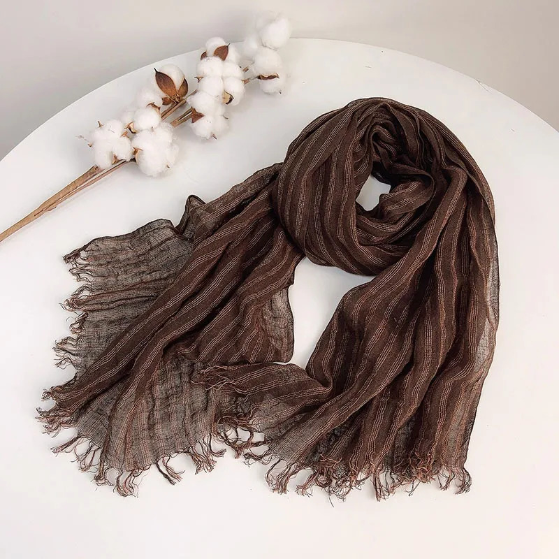 MensWomens SpringSummer Cotton Linen Brown Casual Striped Scarf 241009