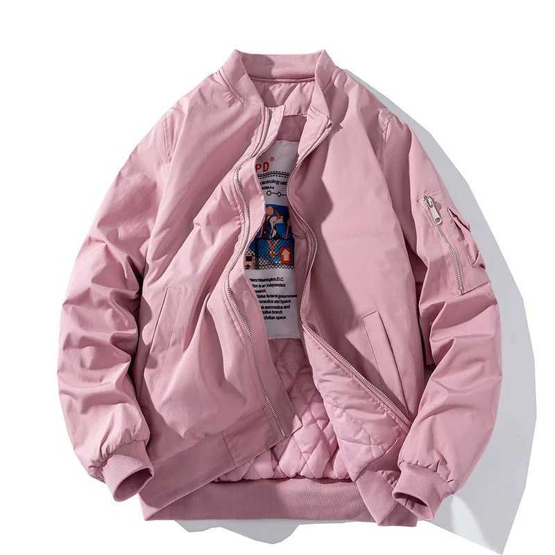 Winter bomber jacket mens air force pilot jacket solid fashion casual baseball jacket mens couple autumn black and white pink M241017