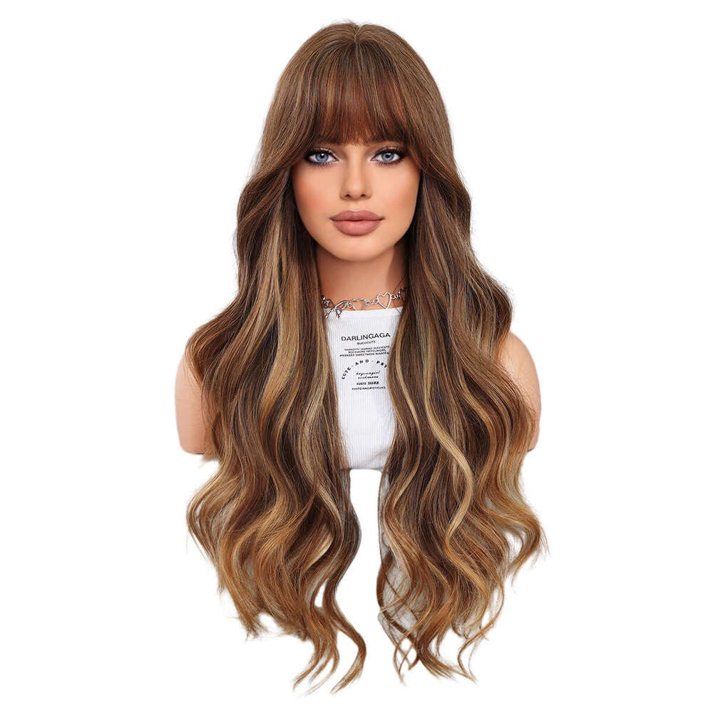Wig New Gold Spot Dyed Long Curly Hair With Big Wave Bands And Liu Hai Chemical Fiber Head Cover Wavy Wigs