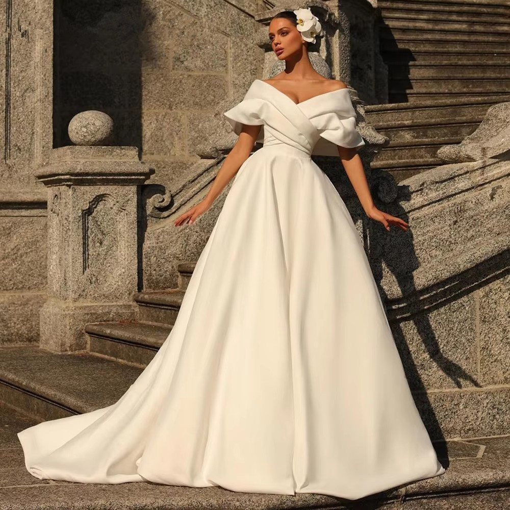 Princess Satin Plus Size Ball Gown Wedding Dresses Off Shoulder Sweep Train Wedding Dress Bridal Gowns vestidos Custom Made