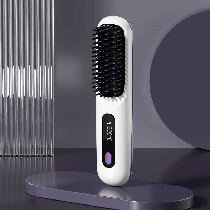 2 In 1 Straight Hair Comb Wireless Hair Straightener Brush Hair Fast Heating Portable Hot Curler USB ChargingXJ241016