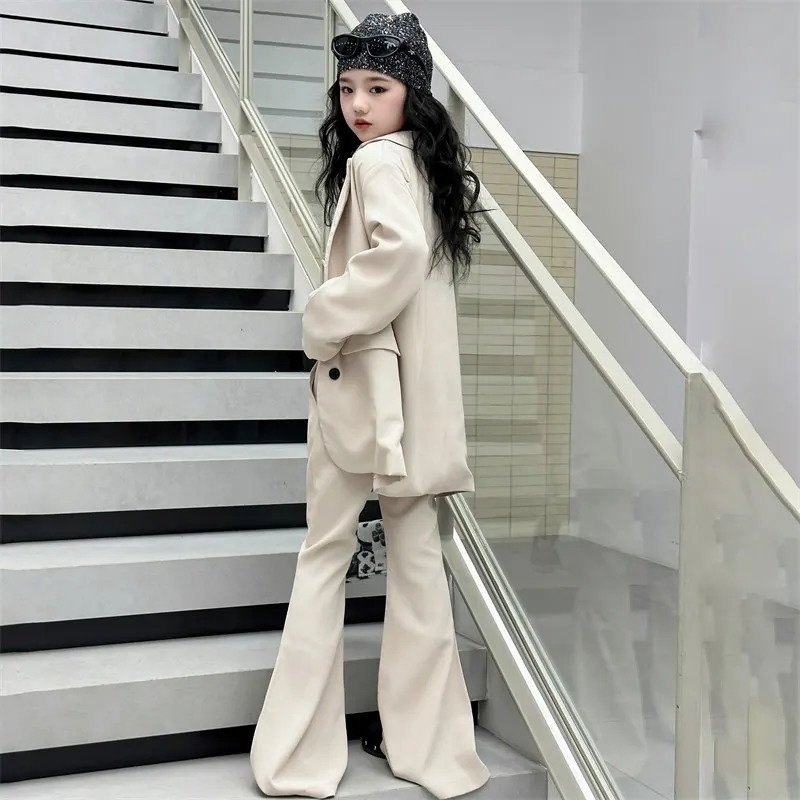 Teenage Girls Suits Blazer 3Pcs VestJacketsFlare Pants Solid Color Spring Fall Formal Occasion Childrens Clothes sets outfits 241016