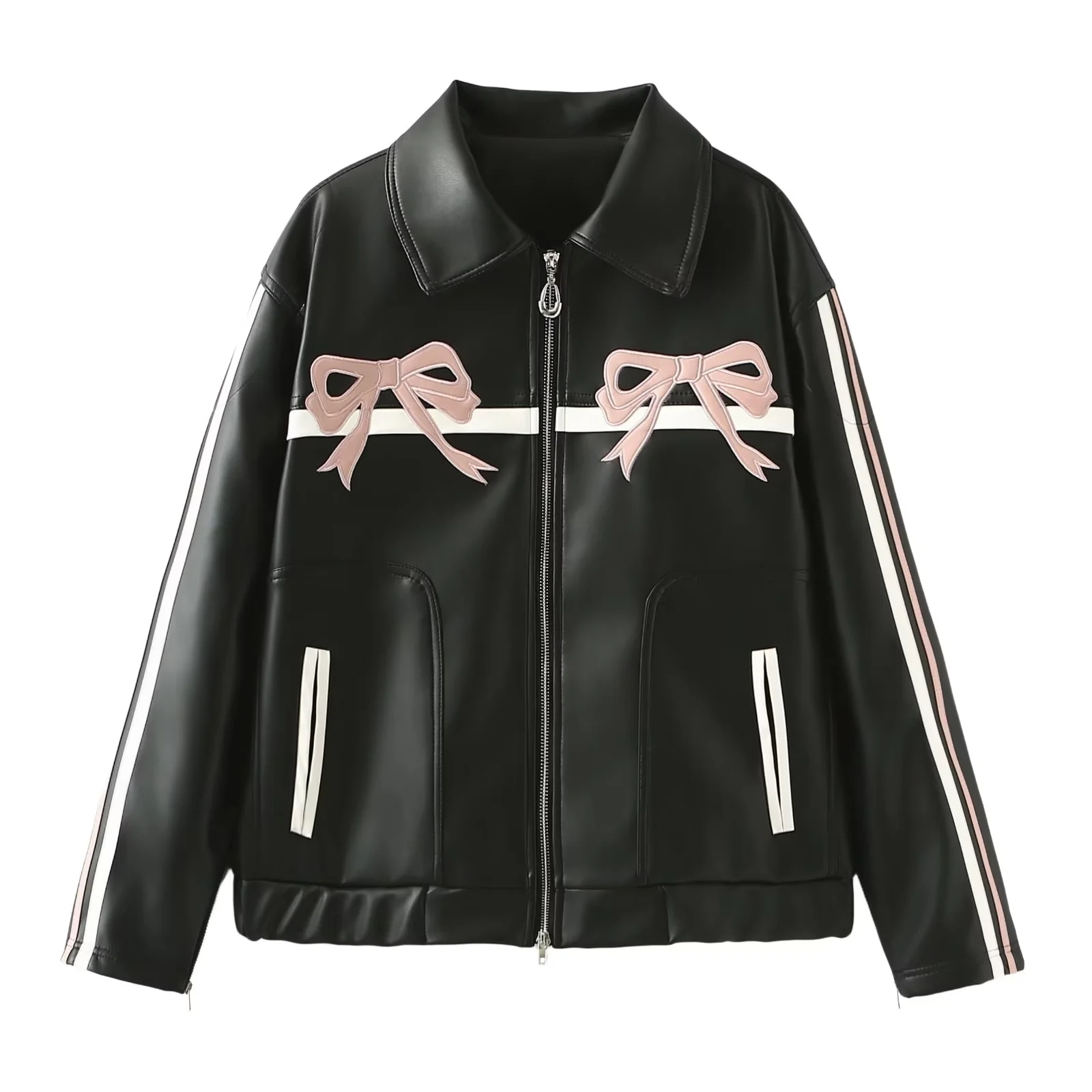 Pink Bow Motorcycle Jacket Women's Coat With Zipper Outwear Black Pur Leather Inszartrafs Chaquetas De Cuero Para Mujer