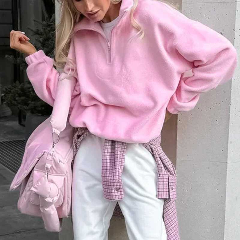 2024 Autumn and Winter New Style Fashion Lambskin Loose Lapel Pullover Hoodie Polar Fleece Blouse Sweatshirt Streetwear WomenX241016