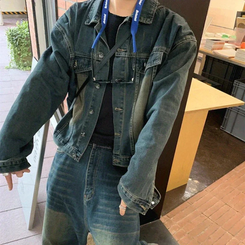 Two Piece Setsingle Spring Autumn Jackets Jeans Tracksuit Trendy Vintage Loose Washed Old Set Male Street Outerwear 241017