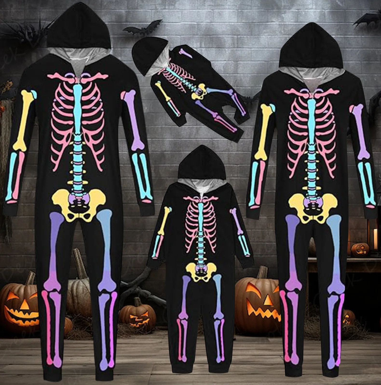 Halloween Family Clothing ParentChild Matching Pajamas 3D Skeleton Print Cosplay Jumpsuit Zipper Hooded Party Look Costumes 241017