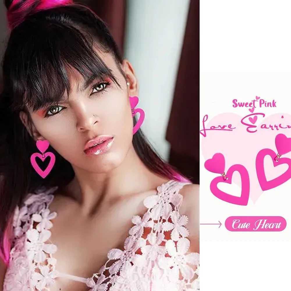 Pink double heart clip earrings hanging for women no perforations heart-shaped earrings Valentines Day Mothers Day gift W241017