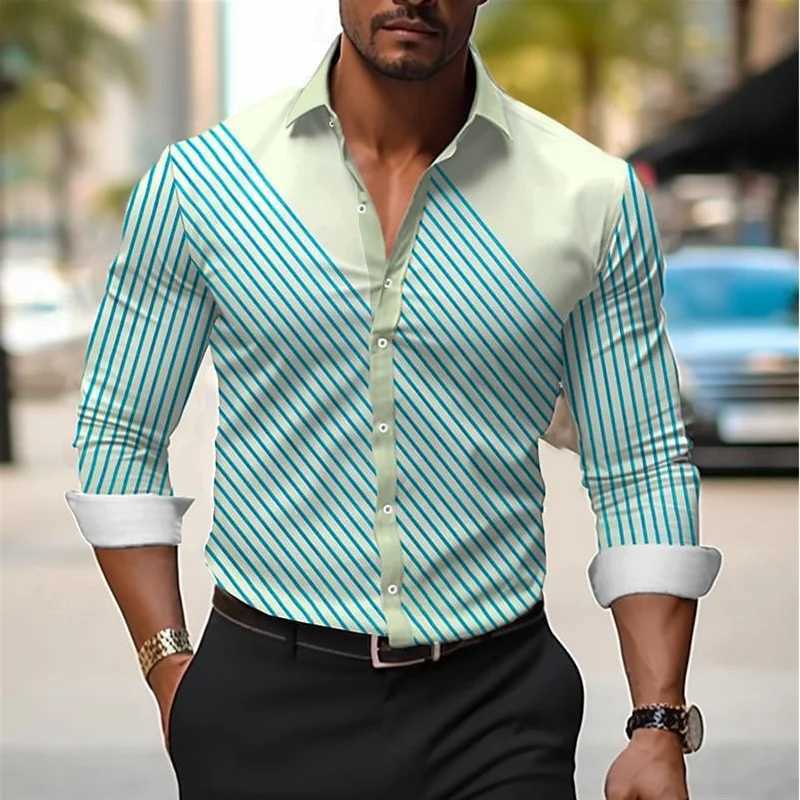 Mens 3D Line Plaid Shirt High Quality Lapel Long Sleeve Shirt Mens Social Shirt Luxury Clothing Slim Prom Oversized Shirt LX241017