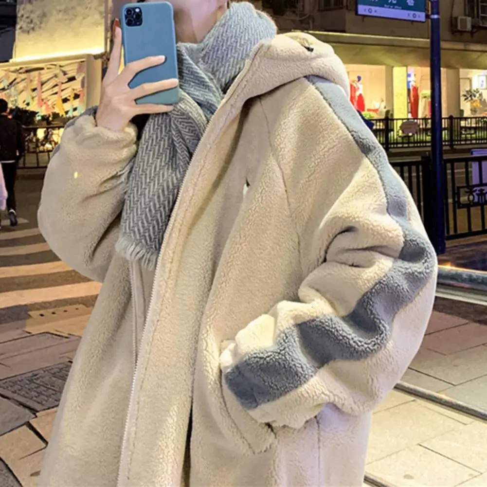 Leisure Vintage Fleece Mens Jacket Oversize Contrast Color Coat Warm Male Outwear Winter Parkas Clothes 241017