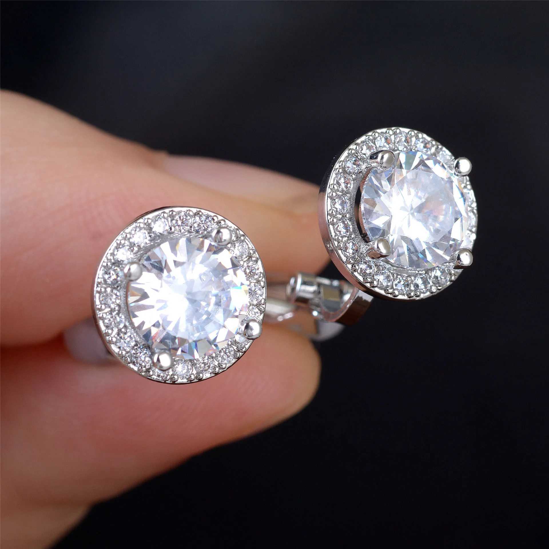 Luxury womens white zircon round clip earrings suitable for women silver bridal engagement and wedding ear clip non perforated jewelry CZ W241017