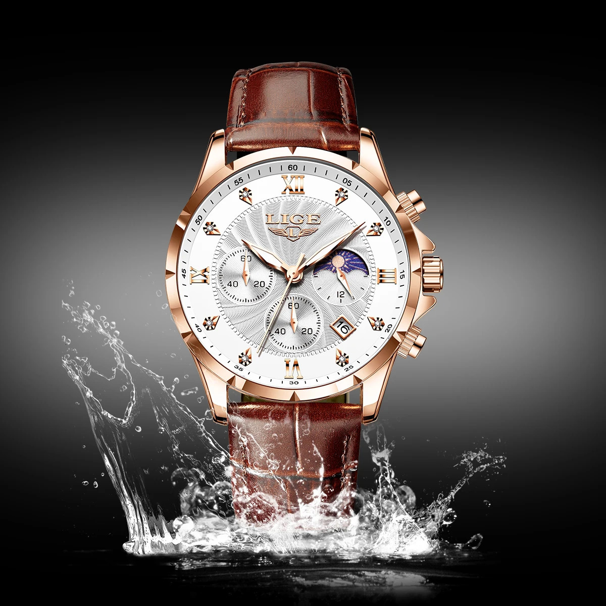 LIGE y Business Mens Watch Luminous Waterproof Leather Moon Phase Week Date Leisure Quartz Reloj Hombre 241009