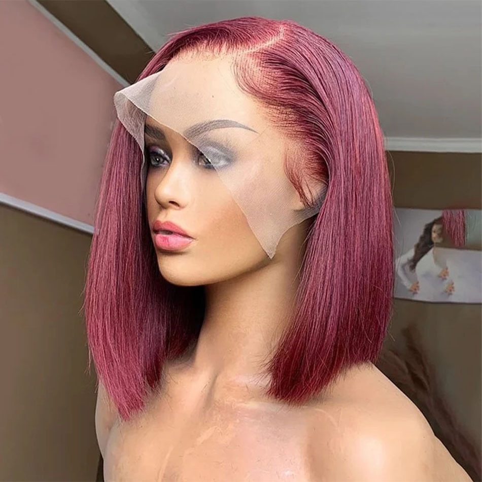 14 Inch 99J Bury Short Bob Human Hair Wigs 13X4 Red Straight Transparent Lace Front Wig Pre Plucked For Women 200% Density