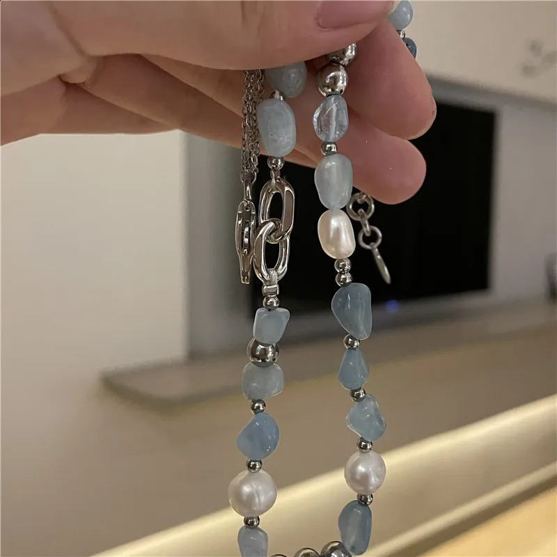 Xiaoluoke Fashion Blue Natural Stone Mixed Freshwater Pearl Summer Irregular n Bead Necklace Bridal Jewelry Gift 241017