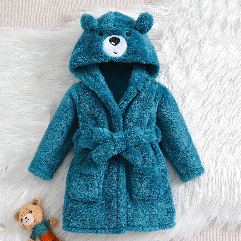 Baby Hooded Dressing Gown Warm Thickened Flannel Pajamas Comfortable Hoodie Cute Bear Pattern Thick Winter Loungewear 241017
