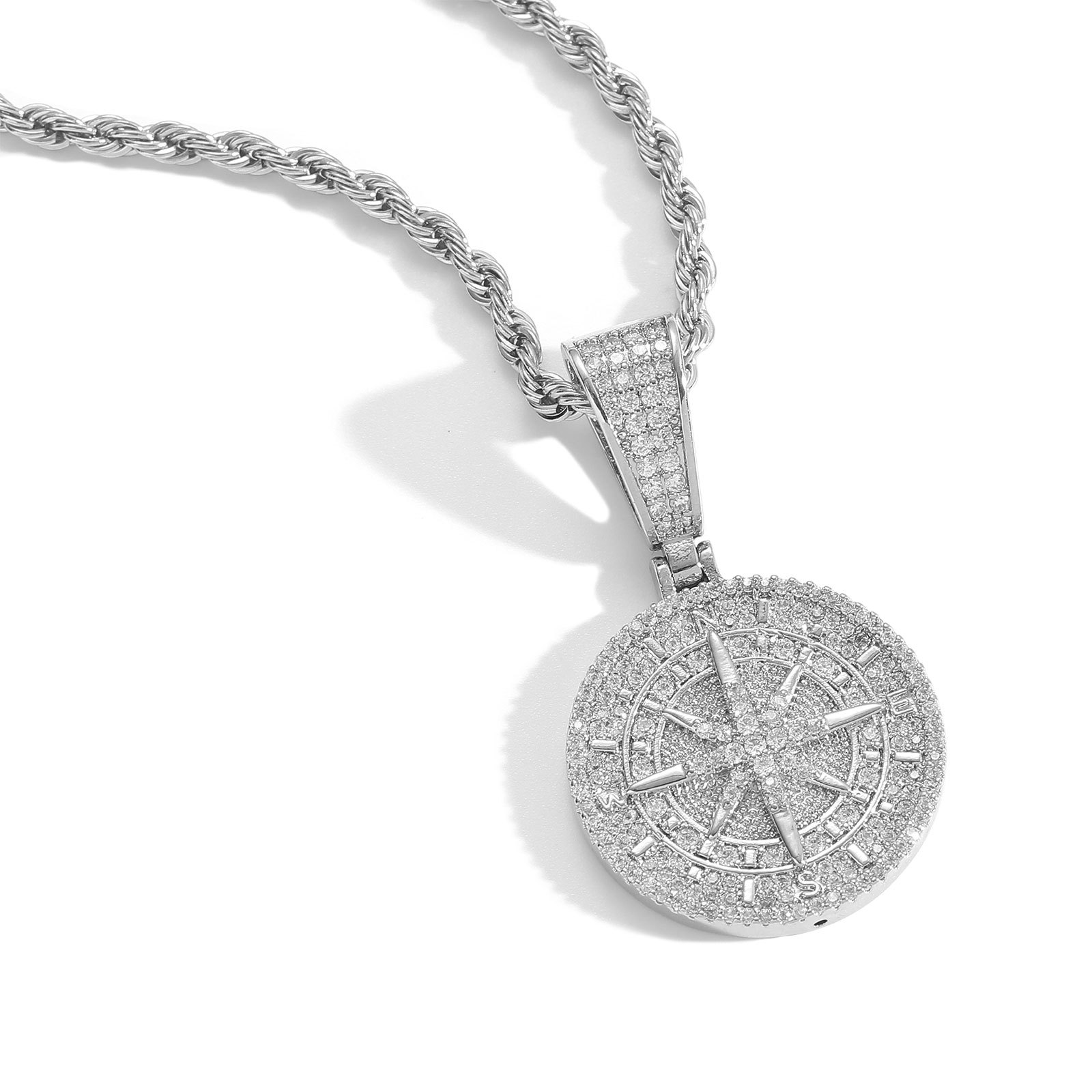 Hip Hop Compass Pendant Necklace Full 5A Zircon Men Women Couple Jewelry Gift