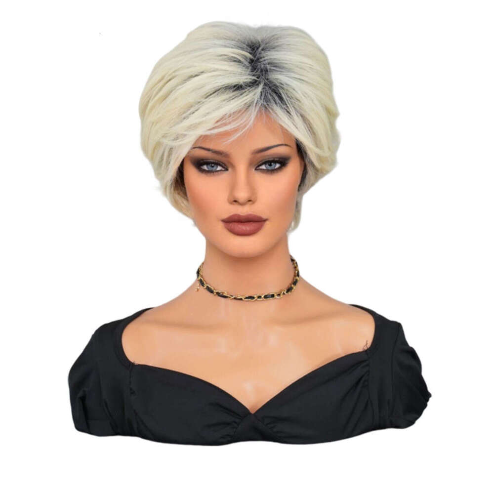 Ladies' Summer Layered Short Hair Platinum Gray Elf Wig Fashionable Top Gradient Synthetic Full Head Cover