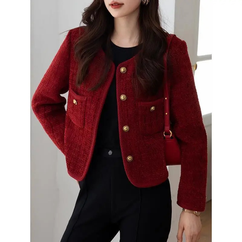 Cropped Tweed Jackets Women Single-breasted Blazer Chic Pockets Office Ladies Clothing High-end Spring Autumn Coat 241017