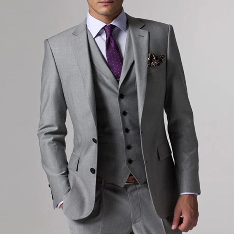 Gray Formal Mens Suits For Business 3 Piece Formal Wedding Groomsmen Tuxedo Male Fashion Set Jacket Pants Vest Smoking Costume