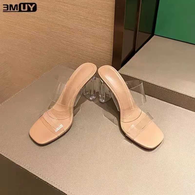 Summer high heels womens shoes fashion transparent high heels sexy hollow breathable slider square toe womens shoes transparent shoe slider Y241017