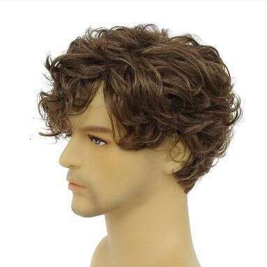 2023 Tongcan Men's With Slanted Bangs, Brown Short Curly Hair, Synthetic Wig