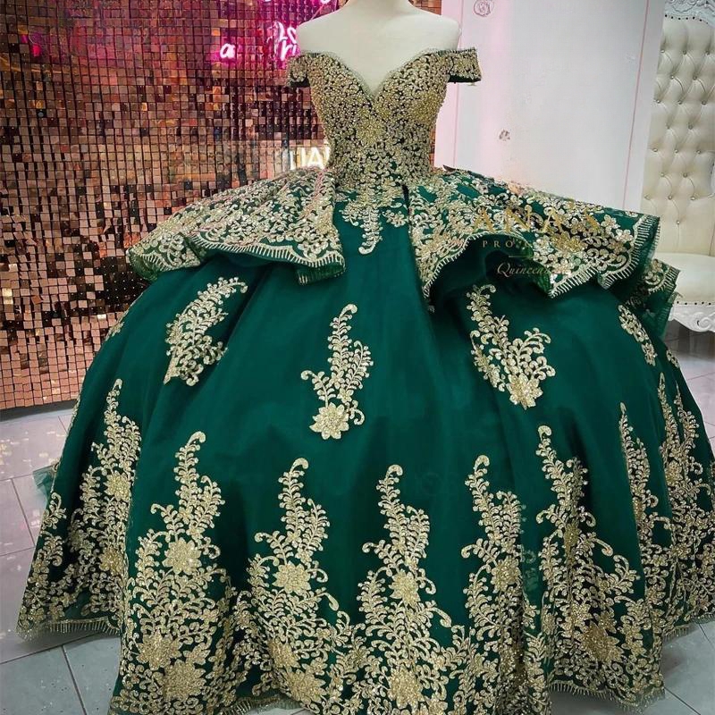 Emerald Green Off the Shoulder Quinceanera Dresses Ball Gown Sweet 16 Dress Gold Appliques Lace Pearl Party Birthday Princess Vestidos 15 Anos