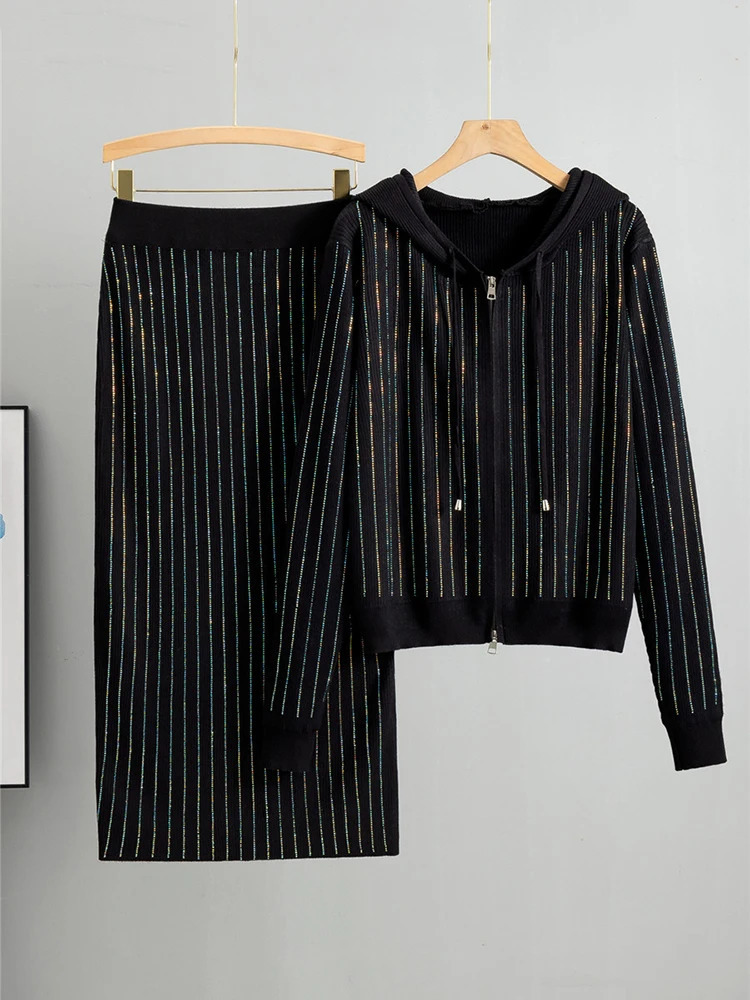Hoodie Knitted Sweater 2-piece Set Womens Diamond Striped Ultra Thin Dress Conjuno Fashion Sweater Cardigan Ensemble Faldas Set 241017