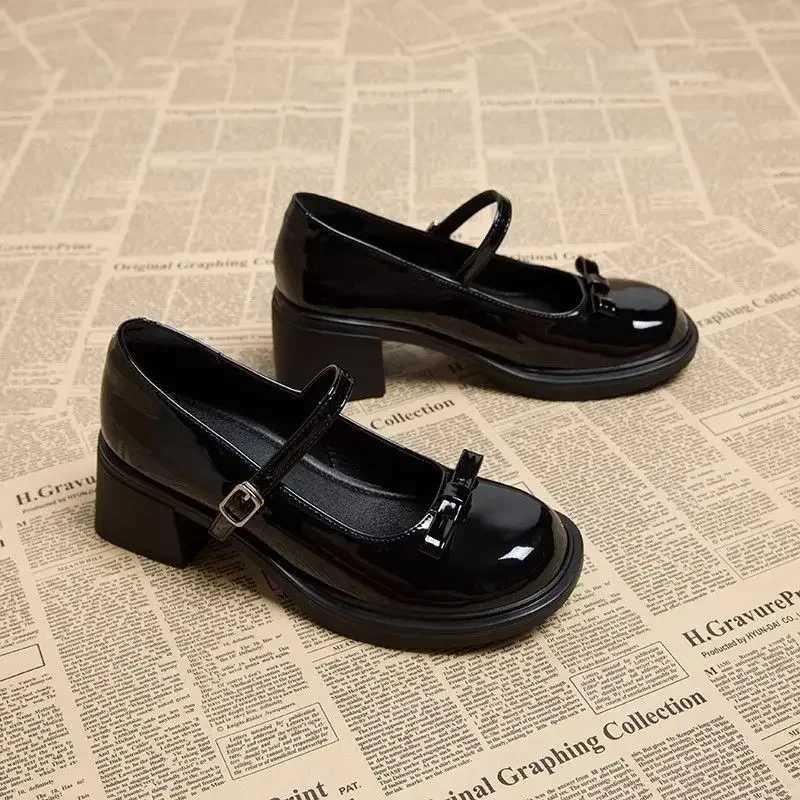 Bow High Heels Mary Janes Square High Heels Round Toes 2024 Hot Selling Shoes Womens Buckle with Spring/Automatic Solid Pump Y241017