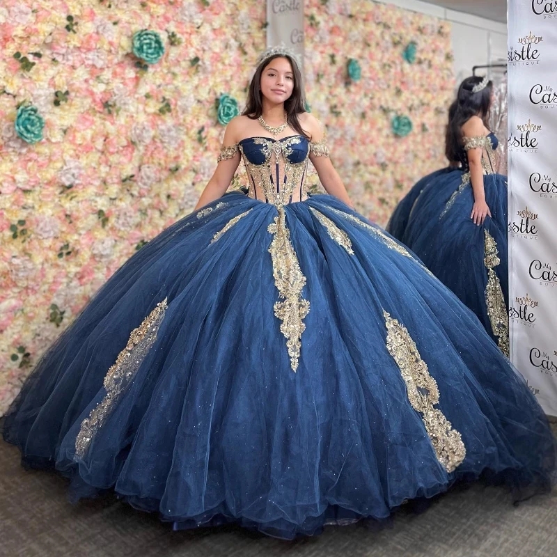 Navy Blue Quinceanera Dress Gold Applique Lace Beaded Off The Shoulder Party Birthday Dress Corset Vestidos De 15 Anos Sweet 16 Dress