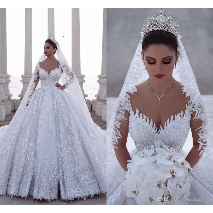Ball Gown Beaded Urious Wedding Dresses Arabic Modest Long Sleeve Lace Tulle 3D Appliques Sequins Fitted Bridal Gowns Plus Size s