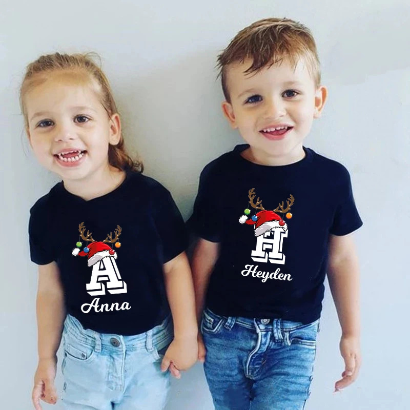 Personalised Christmas Family Matching Shirts Custom Initial with Name Mom Dad Kids Tshirt Baby Outfits Holiday Girl Boy Clothes 241017