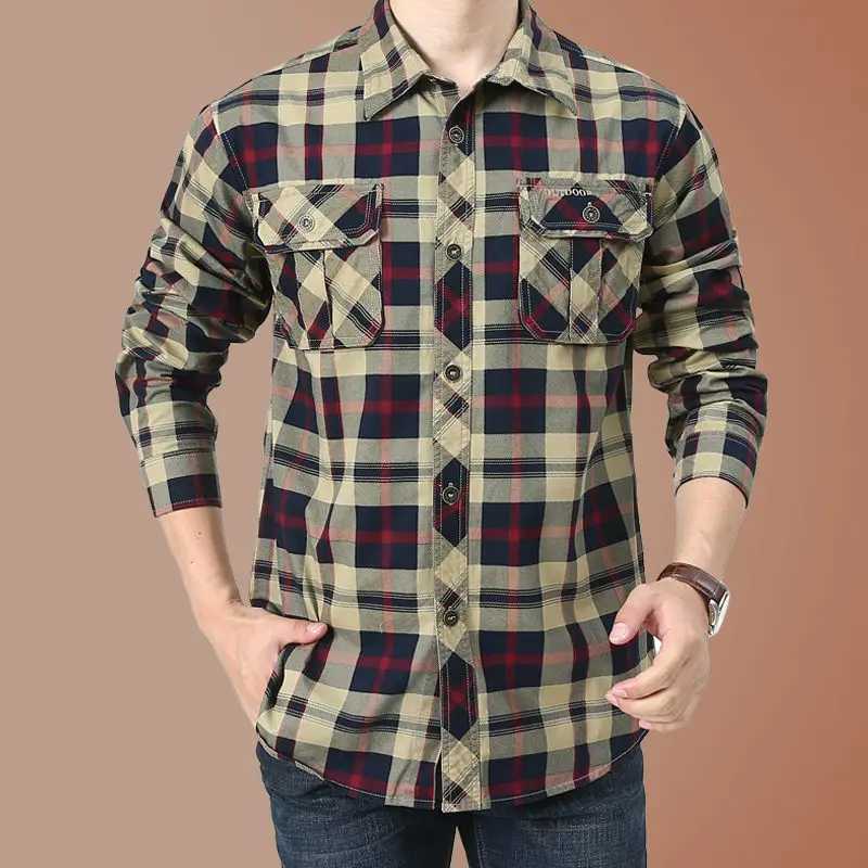 Fashion Men Military Cotton Striped Plaid Shirt Spring Autumn Long Sleeve Lapel Pocket Streetwear Vintage Casual Loose Tops 2023 LX241017