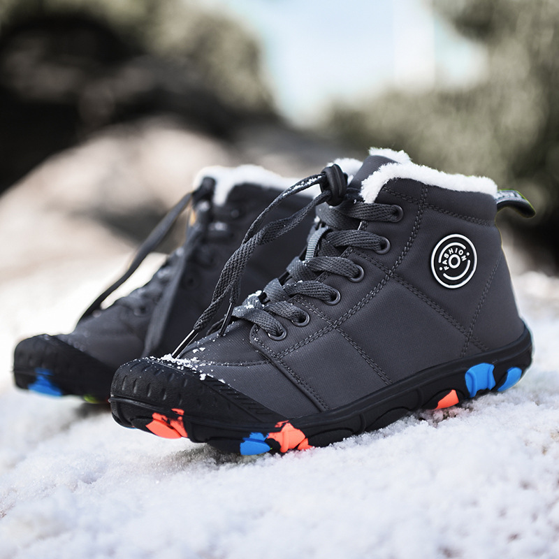 New Winter Children's Waterproof Cotton Shoes Outdoor High Top Snow Boots with Velvet Anti slip Camouflage Bottom for Warmth